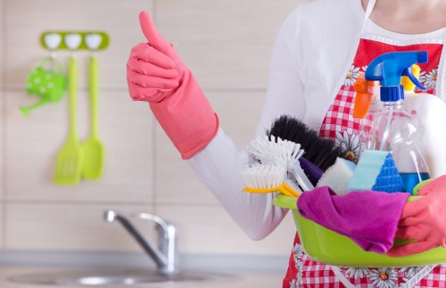 Carpet cleaning technician preparing safe cleaning equipment